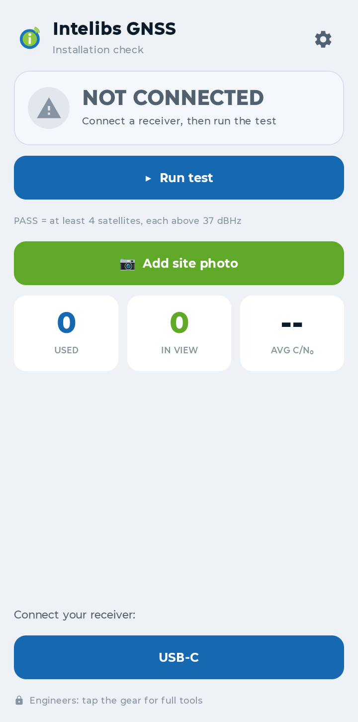 Intelibs GNSS on a phone — one-touch installer view